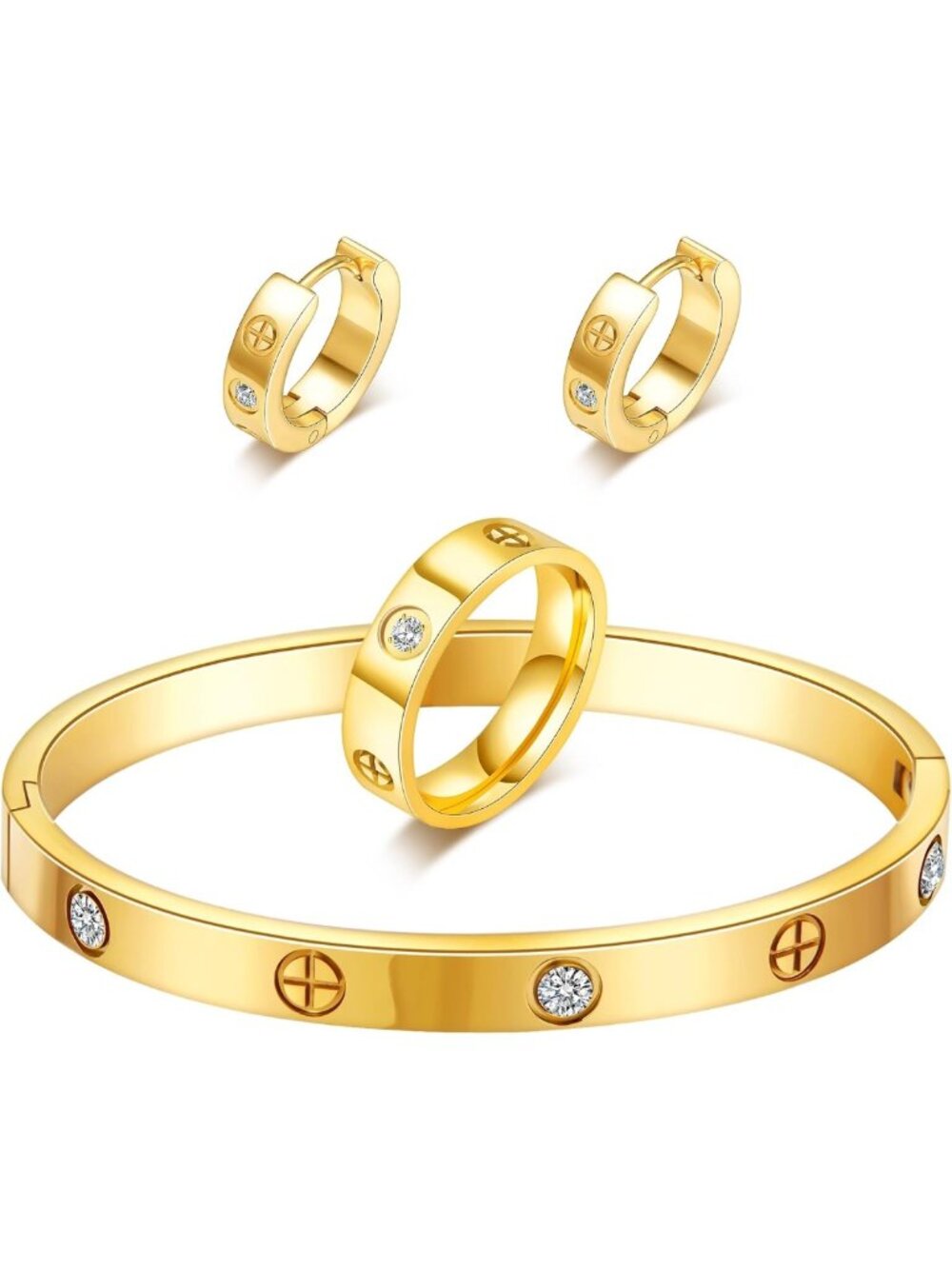 Elegant 3-Piece Jewelry Set - 18K Gold Plated Bracelet, Earrings & Ring